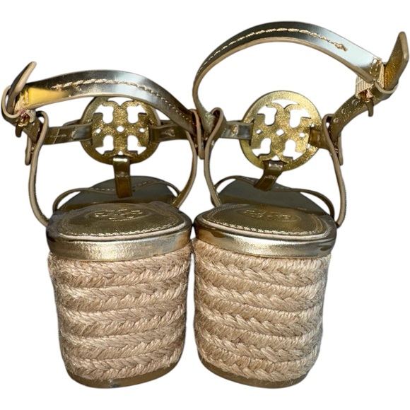 TORY BURCH Miller Leather T-strap Block Heel Sandals | Gold Espadrille 7.5 - Picture 3 of 6